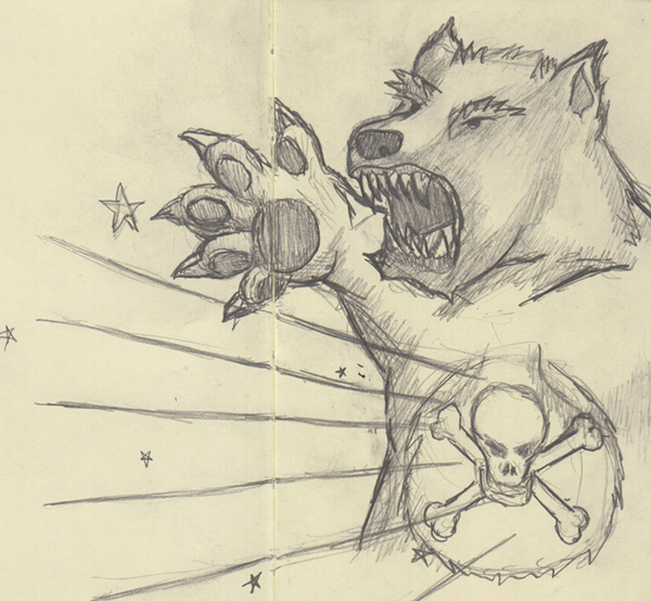 Sketch of a dire care bear in mid-wizard mauling.